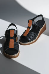 Sandale dama cu platforma piele naturala Bratislava Negru cu dunga Maro