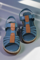 Women's genuine leather platform sandals Bratislava Blue with brown stripe