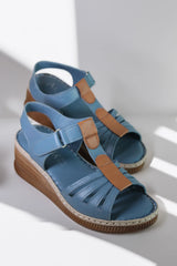 Women's genuine leather platform sandals Bratislava Blue with brown stripe