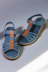 Women's genuine leather platform sandals Bratislava Blue with brown stripe
