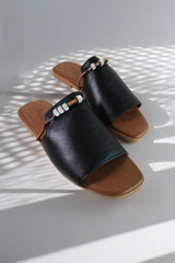 Women's low-soled clogs, black genuine leather, with accessories