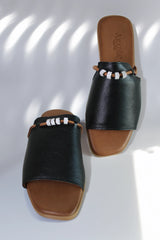 Women's low-soled clogs, black genuine leather, with accessories