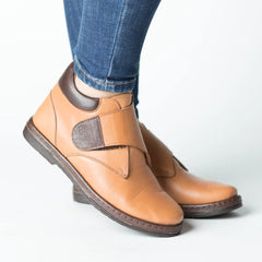 Women's genuine leather boots with a strap, made of brick, Stockholm