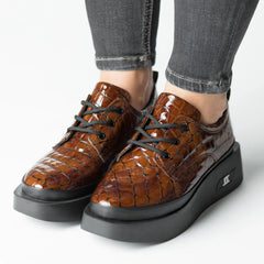 Pantofi casual dama Tan Croco eleganta din piele naturala Tempo