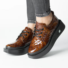 Pantofi casual dama Tan Croco eleganta din piele naturala Tempo