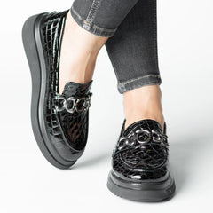 Pantofi casual dama Neagra Croco eleganta din piele naturala Flux