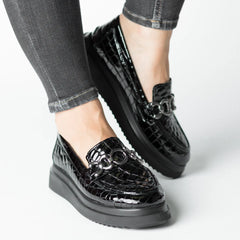 Pantofi casual dama Neagra Croco eleganta din piele naturala Flux