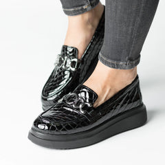 Pantofi casual dama Neagra Croco eleganta din piele naturala Flux