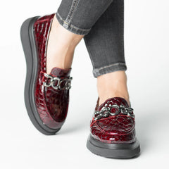 Pantofi casual dama Bordo Croco eleganta din piele naturala Flux