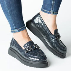 Pantofi casual dama Bleumarin Croco eleganta din piele naturala Flux