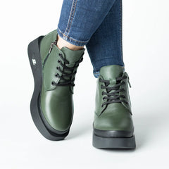 Women's Khaki Green Ankle Boots with Zipper Made of Genuine Leather Camora