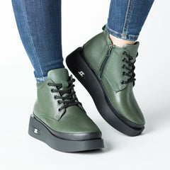 Women's Khaki Green Ankle Boots with Zipper Made of Genuine Leather Camora