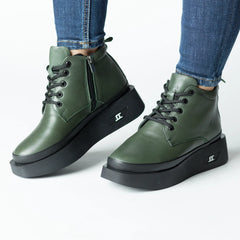 Women's Khaki Green Ankle Boots with Zipper Made of Genuine Leather Camora