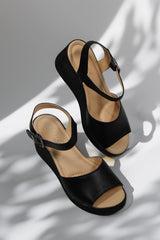 Women's sandals with platform, natural leather, Ankara, Black