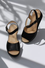 Women's sandals with platform, natural leather, Ankara, Black