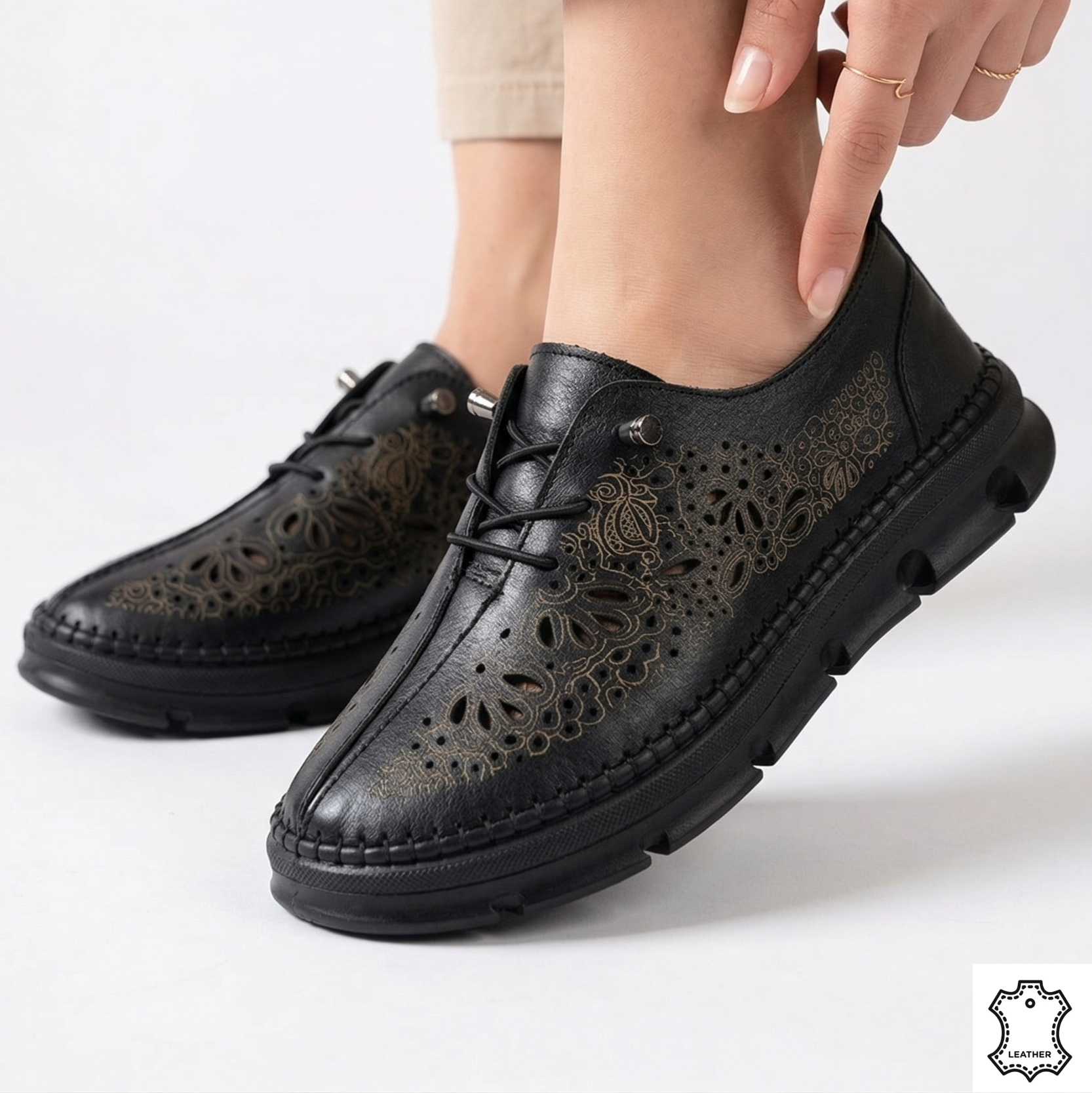 Pantofi negri din piele naturală pentru picioare sensibile