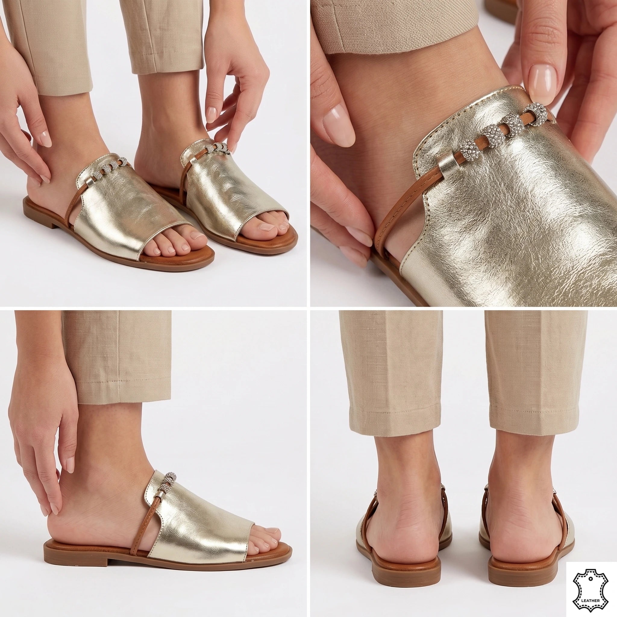 Saboți eleganți cu pietre aurii pentru femei