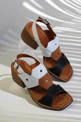 Sandale dama cu toc gros piele naturala Tierra Alb - Negru