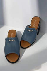 Papuci tip sandale cu toc piele naturala Viva cu accesorii Albastru