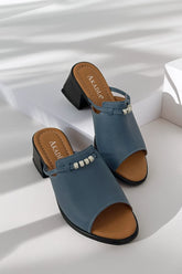Papuci tip sandale cu toc piele naturala Viva cu accesorii Albastru