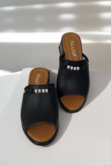 Papuci tip sandale cu toc piele naturala Viva cu accesorii Negru