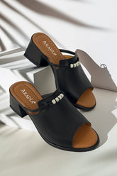 Papuci tip sandale cu toc piele naturala Viva cu accesorii Negru