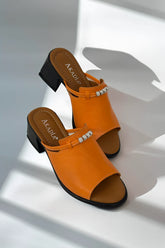 Papuci tip sandale cu toc piele naturala Viva cu accesorii Orange