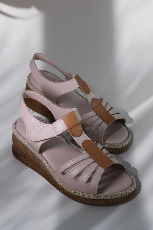 Women's genuine leather platform sandals Bratislava Powder pink with brown stripe 1800