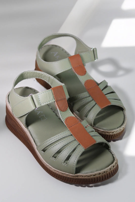 Women's genuine leather platform sandals Bratislava Green with brown stripe 1800