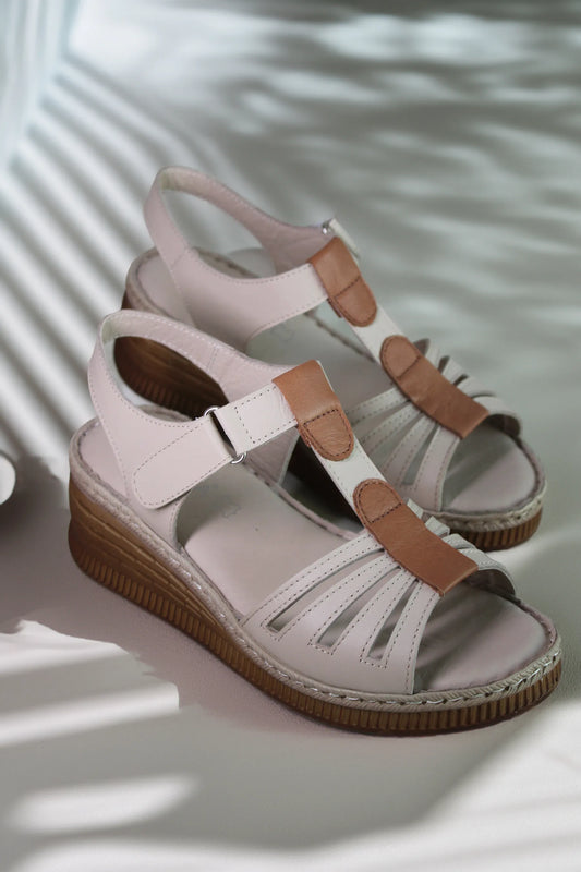 Women's genuine leather platform sandals Bratislava Beige with brown stripe 1800
