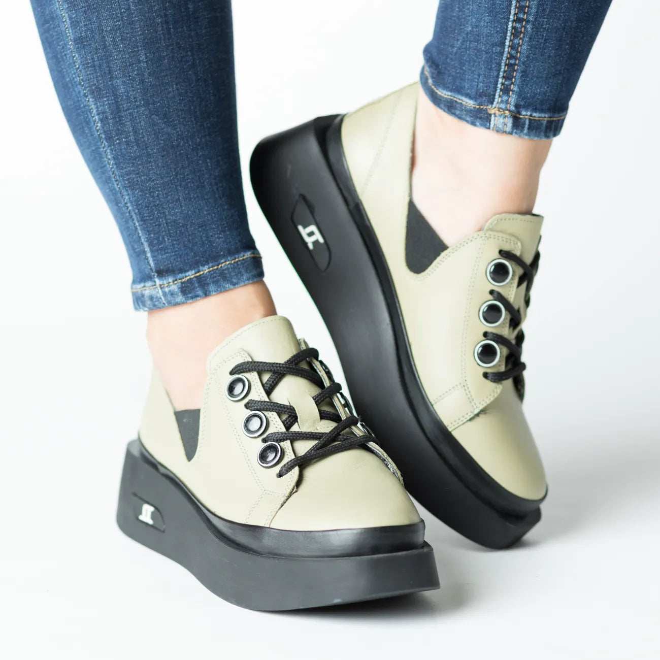 Pantofi casual dama cu siret Verde Fistic eleganta din piele naturala Boomerang
