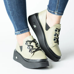 Pantofi casual dama cu siret Verde Fistic eleganta din piele naturala Boomerang