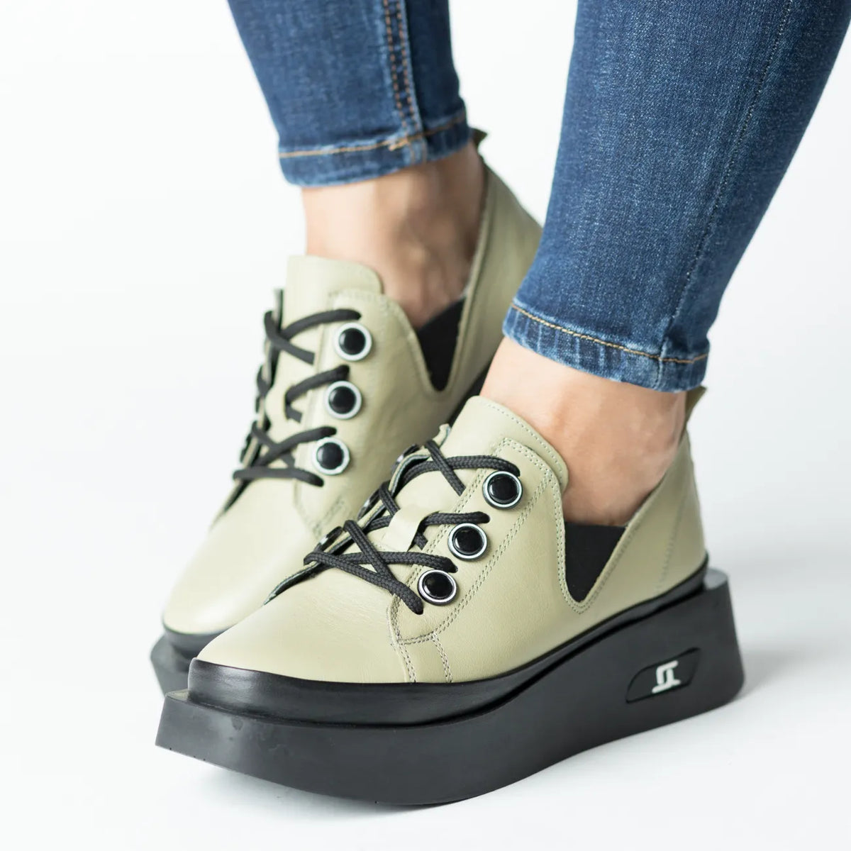 Pantofi casual dama cu siret Verde Fistic eleganta din piele naturala Boomerang