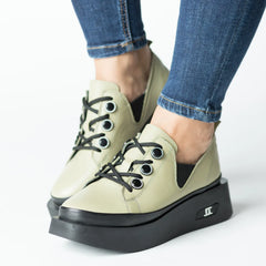 Pantofi casual dama cu siret Verde Fistic eleganta din piele naturala Boomerang