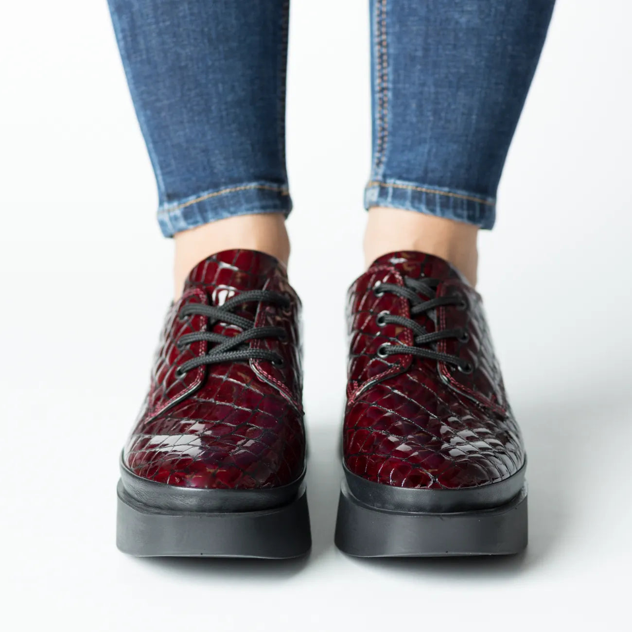 Pantofi casual dama Bordo Croco eleganta din piele naturala Tempo
