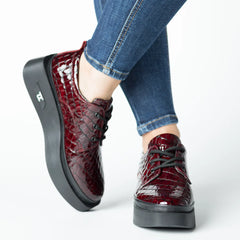 Pantofi casual dama Bordo Croco eleganta din piele naturala Tempo