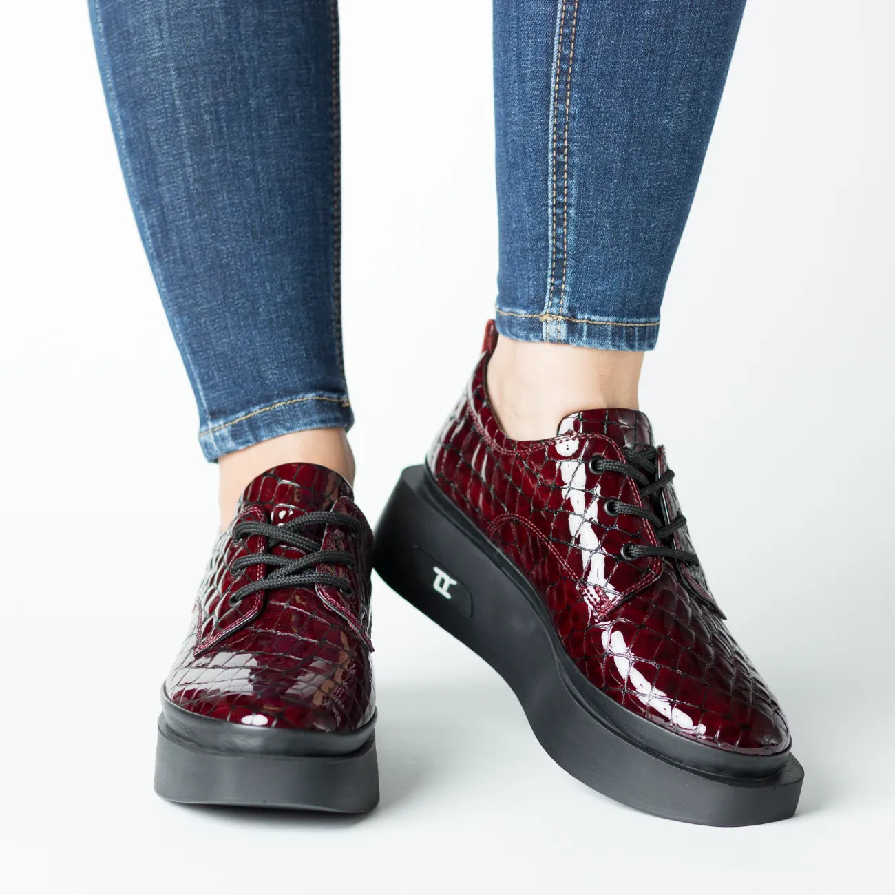 Pantofi casual dama Bordo Croco eleganta din piele naturala Tempo
