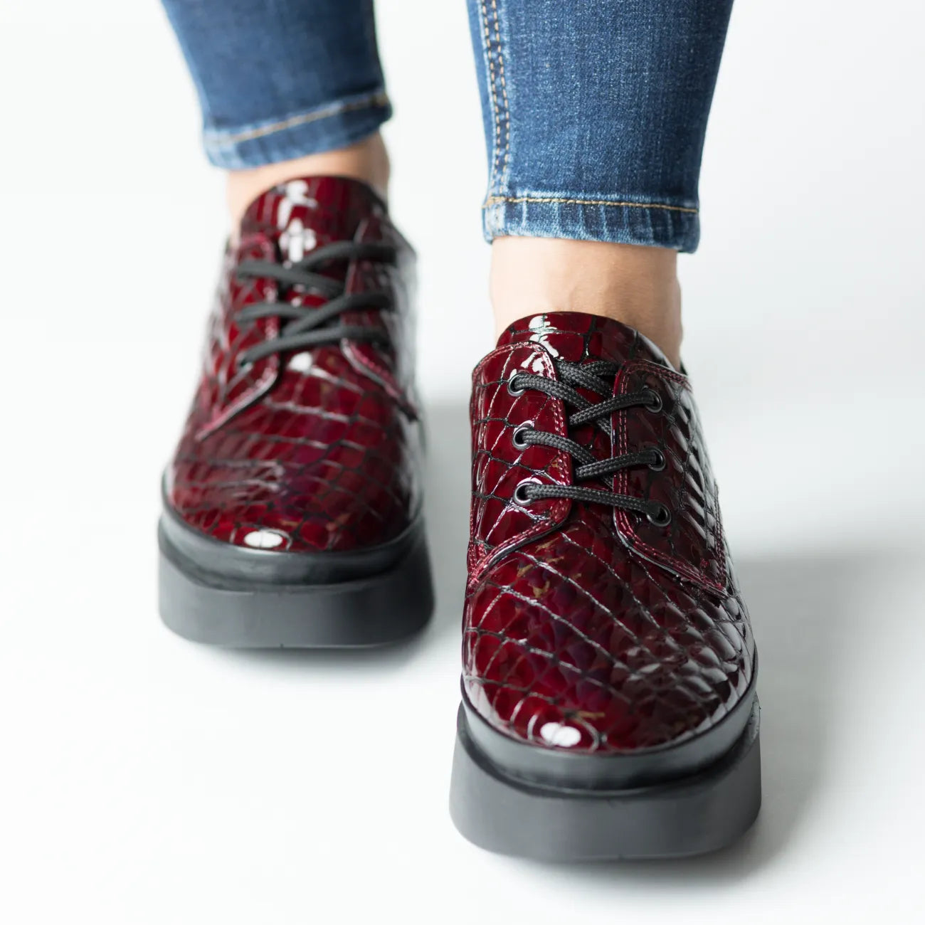 Pantofi casual dama Bordo Croco eleganta din piele naturala Tempo