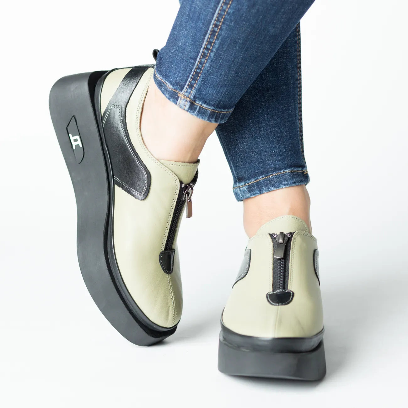 Pantofi casual dama cu fermoar Verde Fistic eleganta din piele naturala Sinergie