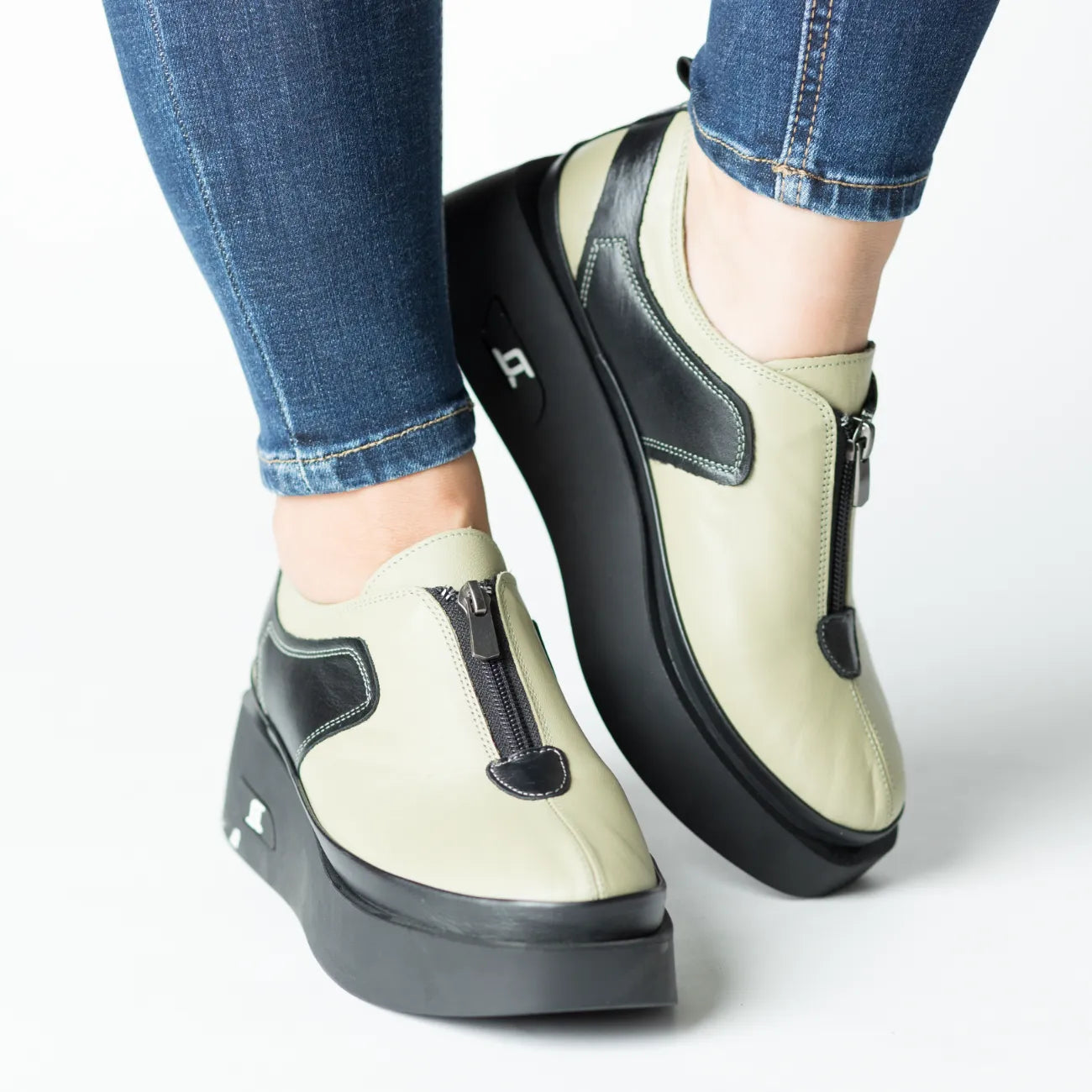 Pantofi casual dama cu fermoar Verde Fistic eleganta din piele naturala Sinergie