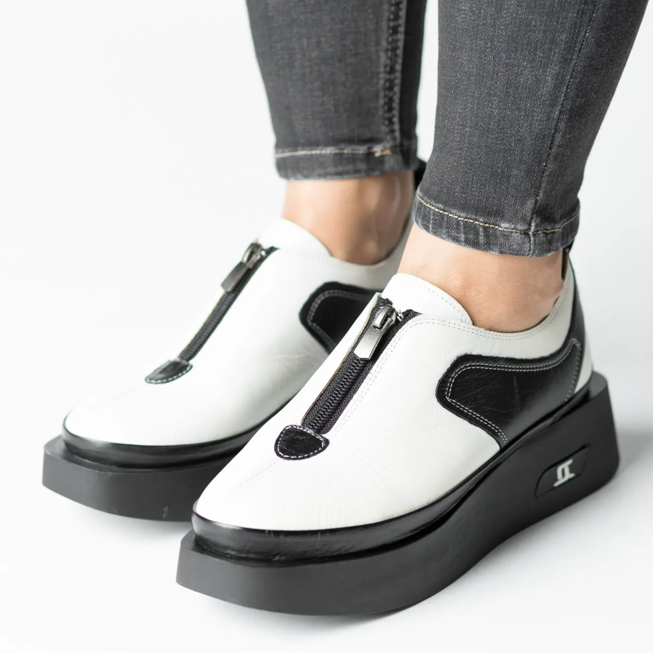 Pantofi casual dama cu fermoar Off Alb eleganta din piele naturala Sinergie