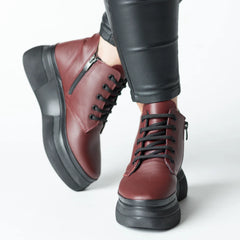 Women's burgundy ankle boots with zipper made of genuine Velora leather