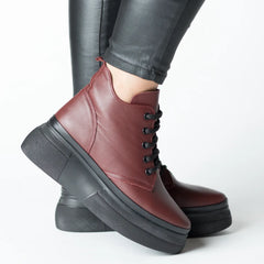 Women's burgundy ankle boots with zipper made of genuine Velora leather