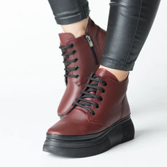 Women's burgundy ankle boots with zipper made of genuine Velora leather