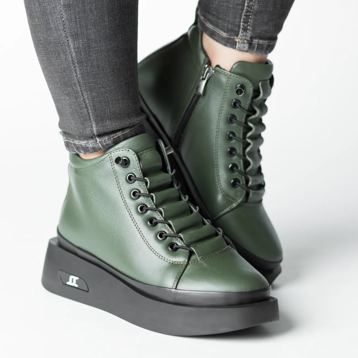 Ghete cu fermoar Verde Kaki la glezna de dama din piele naturala Belora