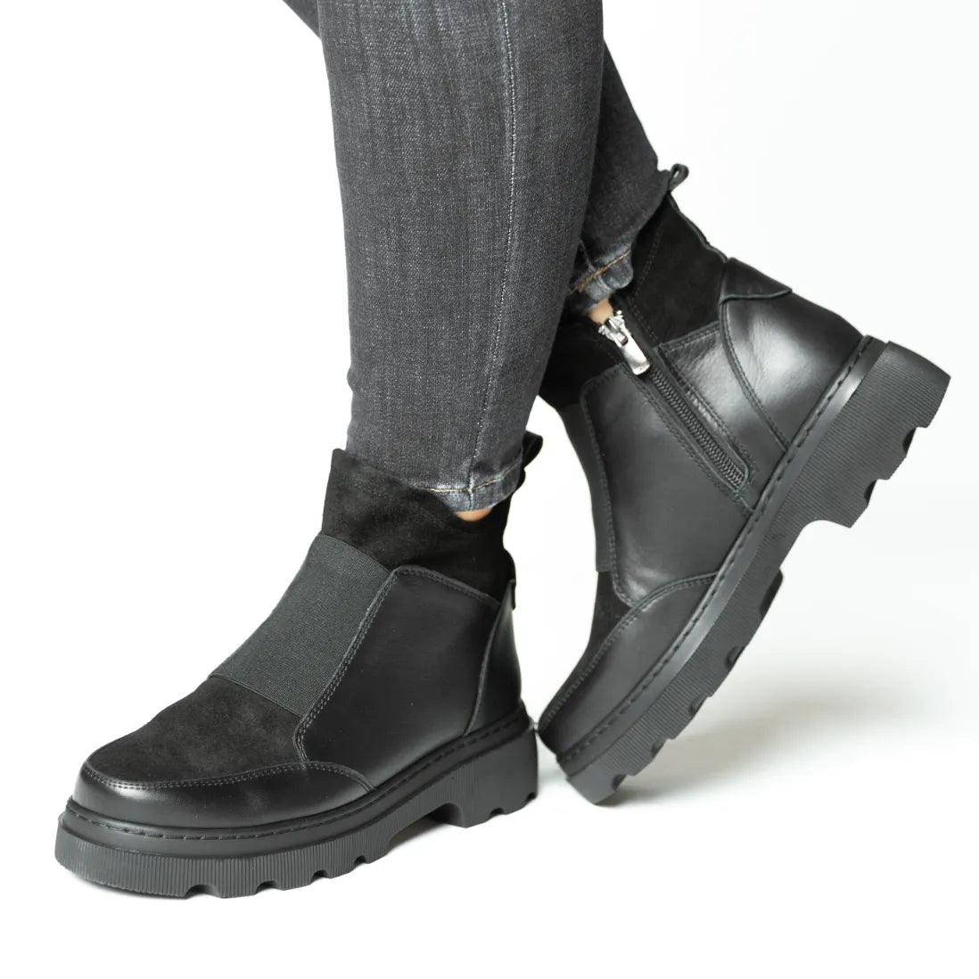 Ghete casual dama negre catifoasa din piele naturala Chelsea