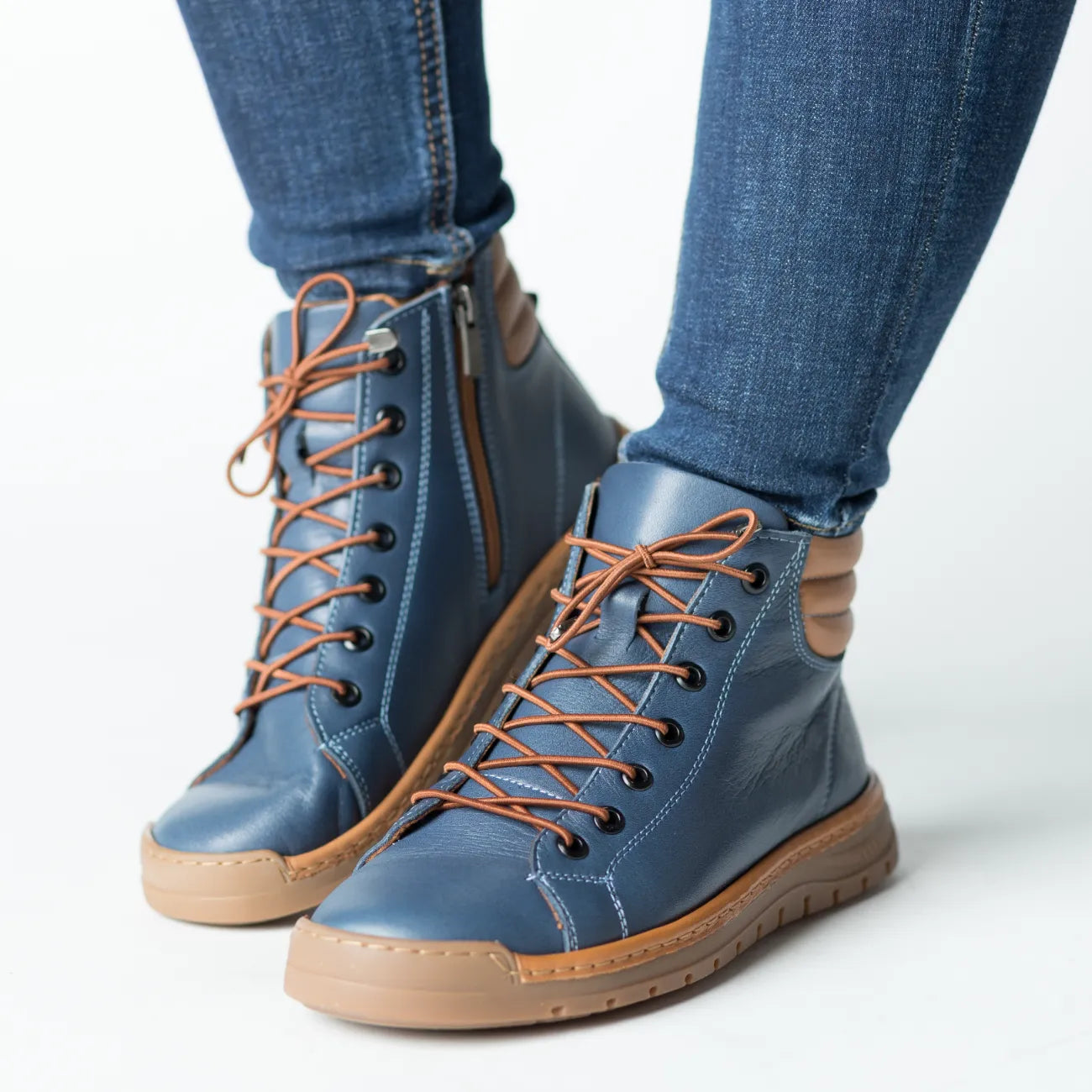 Women's Blue Jeans with Brown Ankle Boots Made of Genuine Leather Molivo