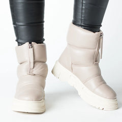 Women's Cream Snow Boots with Zipper Made of Genuine Leather Fluffy