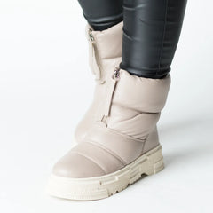 Women's Cream Snow Boots with Zipper Made of Genuine Leather Fluffy