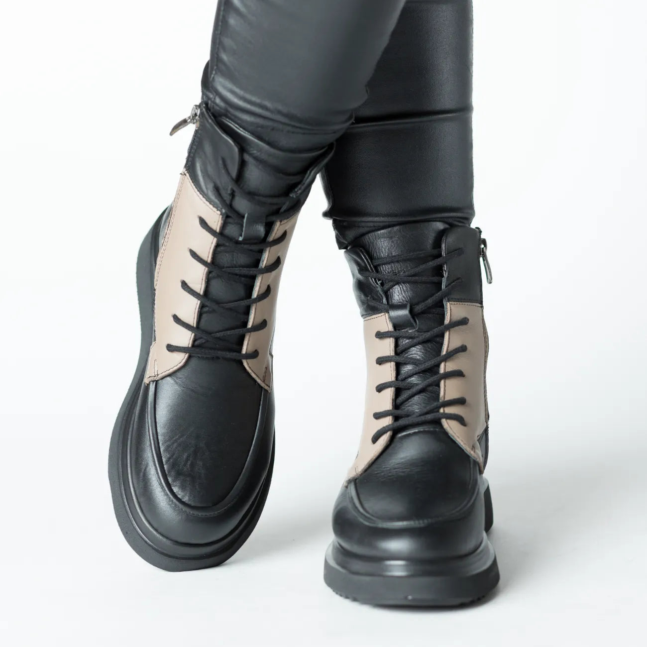 Black-Beige women's platform ankle boots made of genuine leather Ceniva
